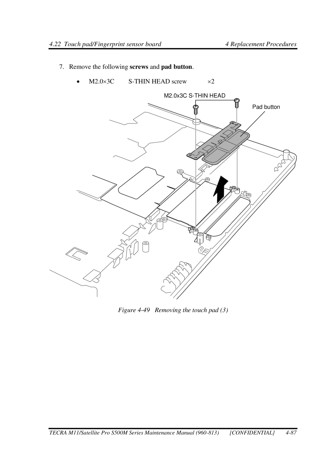 Toshiba S500M manual Removing the touch pad 