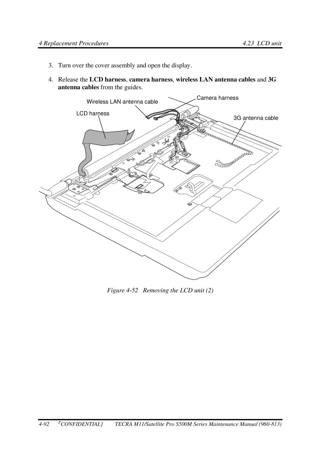 Toshiba S500M manual Replacement Procedures LCD unit, Removing the LCD unit 