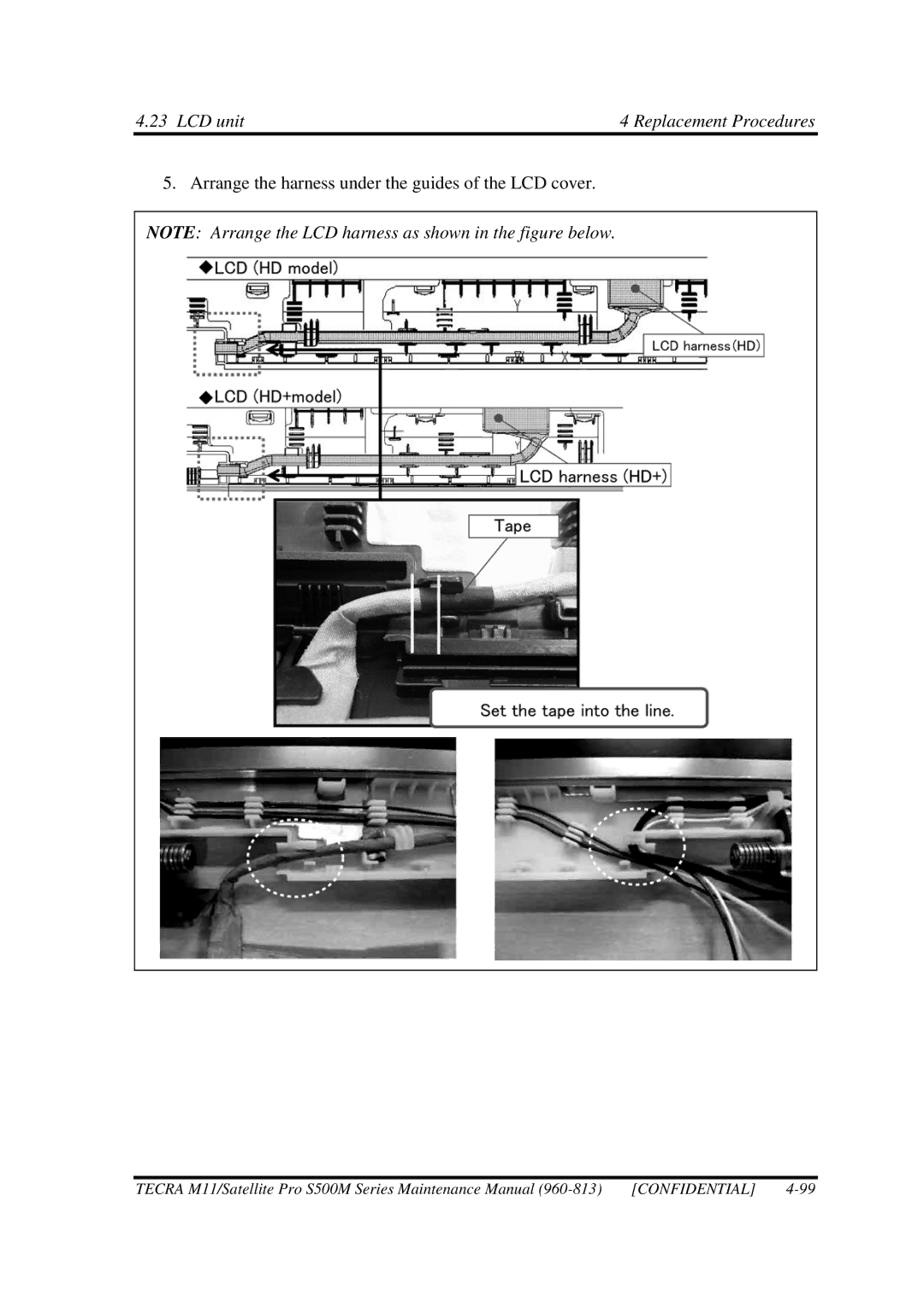 Toshiba S500M manual Arrange the harness under the guides of the LCD cover 