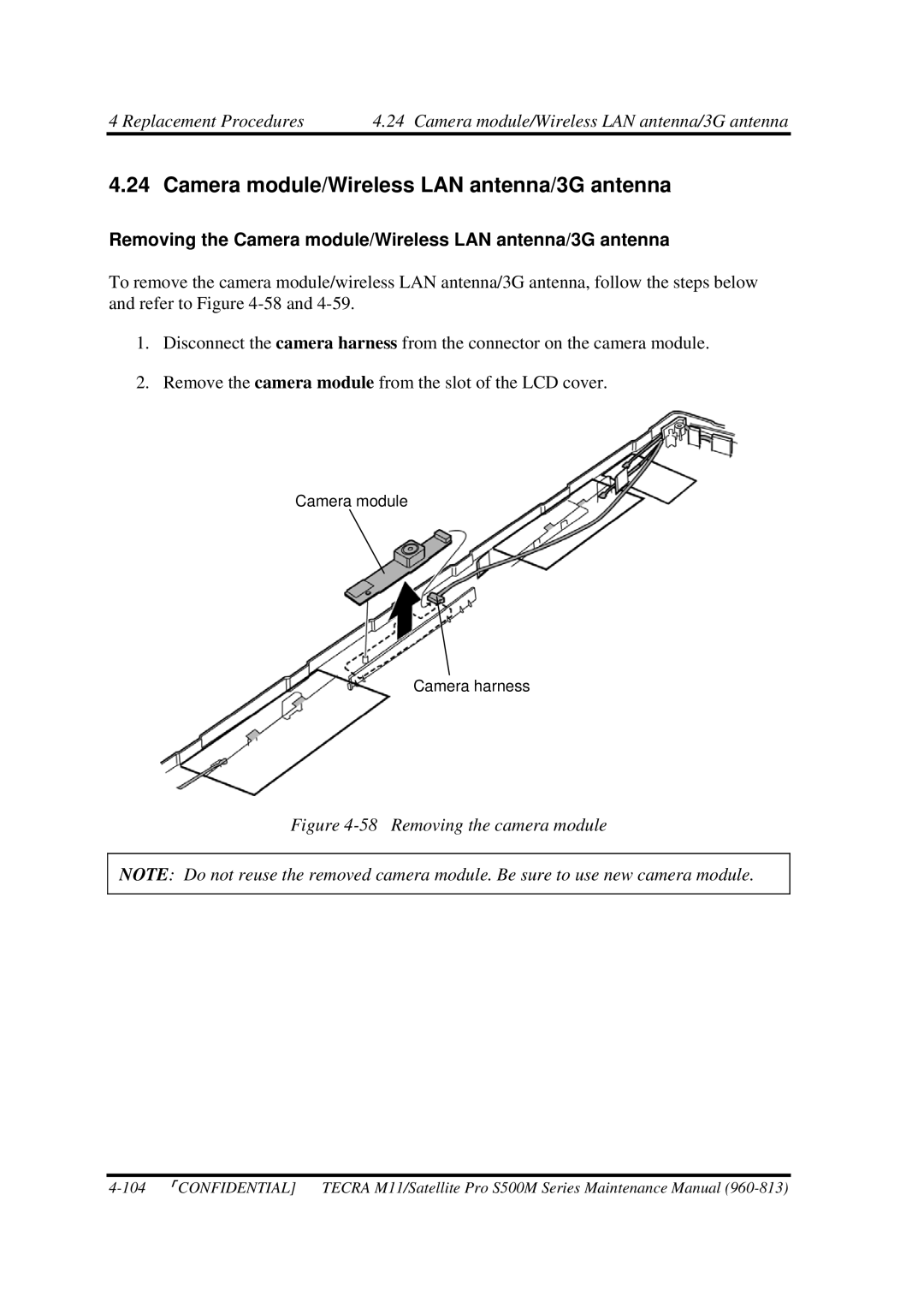 Toshiba S500M manual Removing the Camera module/Wireless LAN antenna/3G antenna 