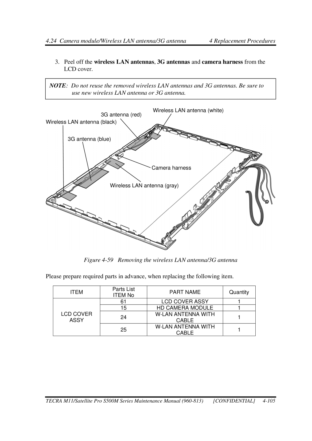 Toshiba S500M manual Camera module/Wireless LAN antenna/3G antenna, Removing the wireless LAN antenna/3G antenna 