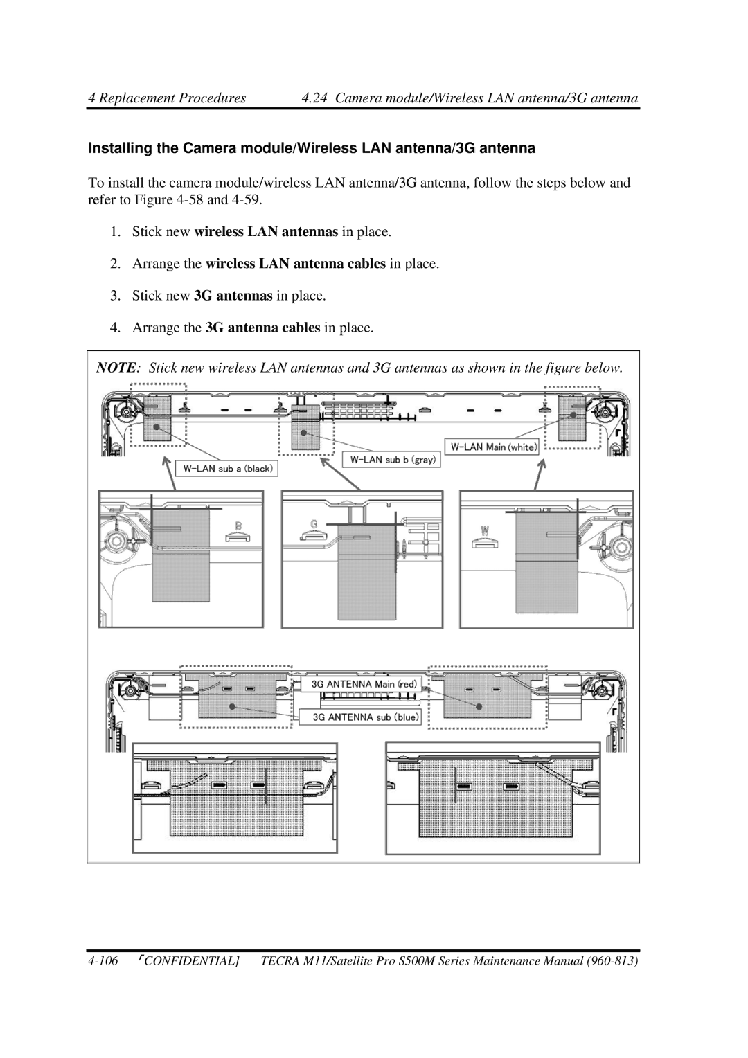 Toshiba S500M manual Installing the Camera module/Wireless LAN antenna/3G antenna 