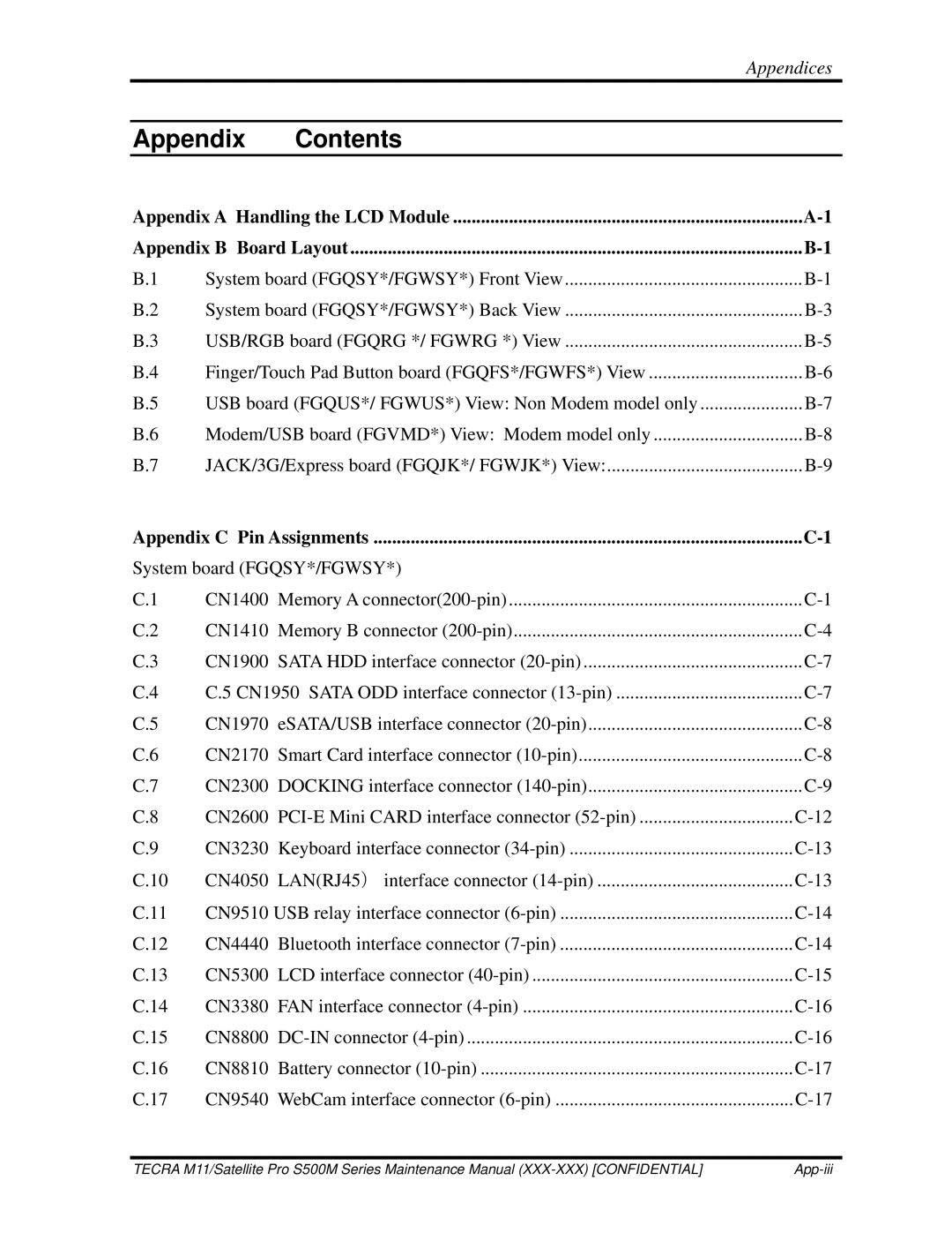 Toshiba S500M manual Appendix Contents 