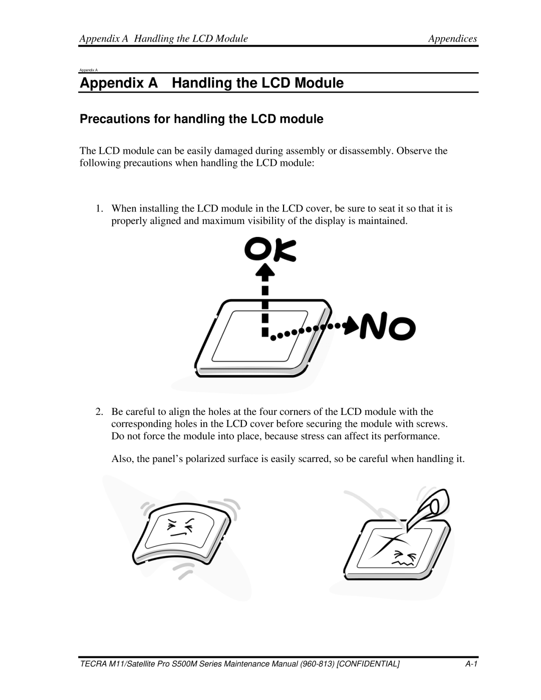 Toshiba S500M manual Precautions for handling the LCD module, Appendix a Handling the LCD Module Appendices 