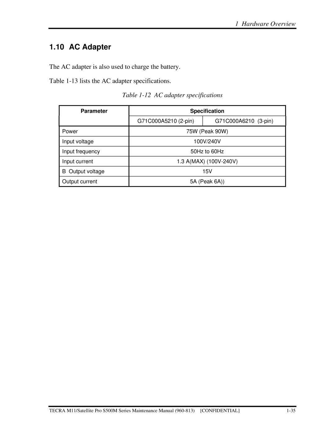 Toshiba S500M manual AC Adapter, AC adapter specifications, Parameter Specification 