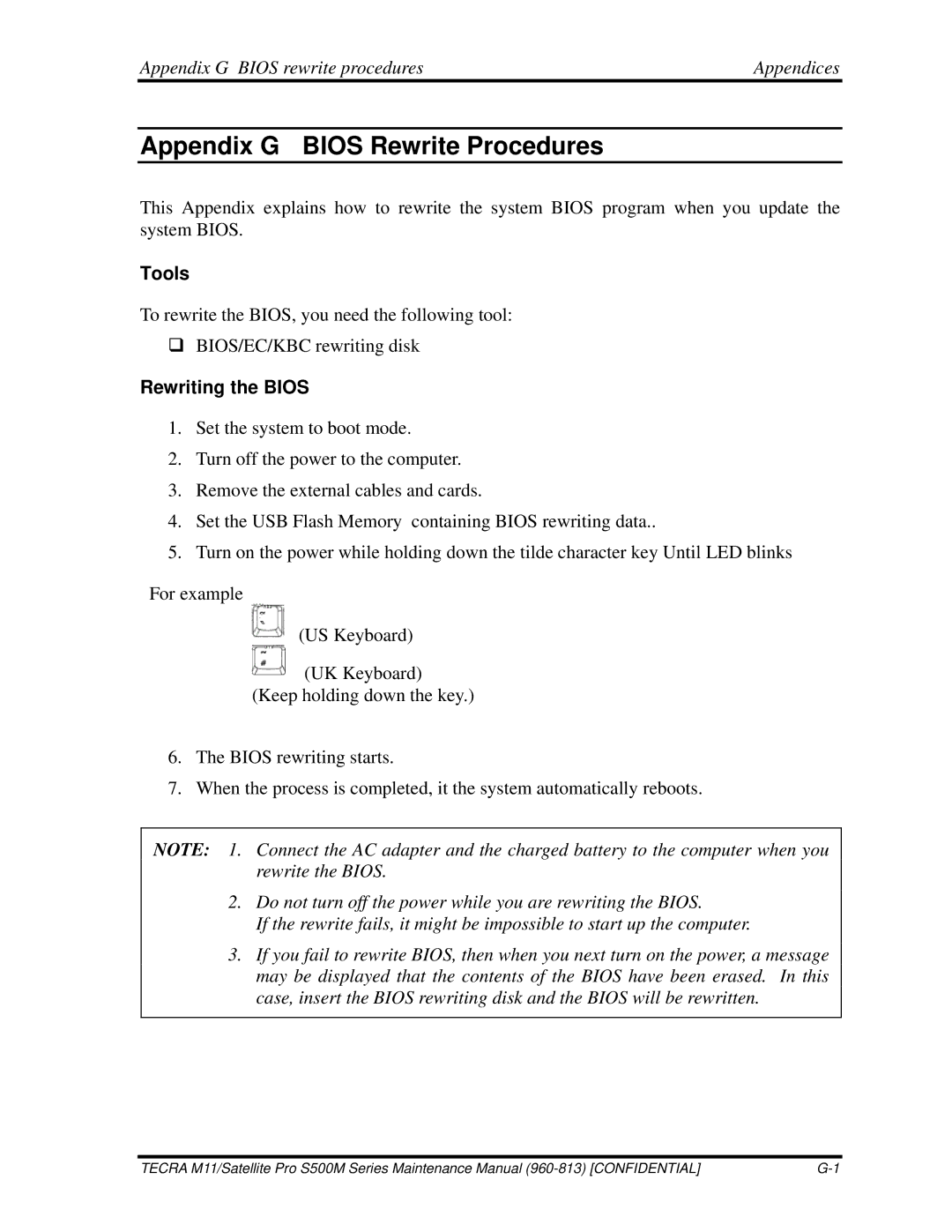 Toshiba S500M manual Appendix G Bios rewrite procedures Appendices, Tools, Rewriting the Bios 