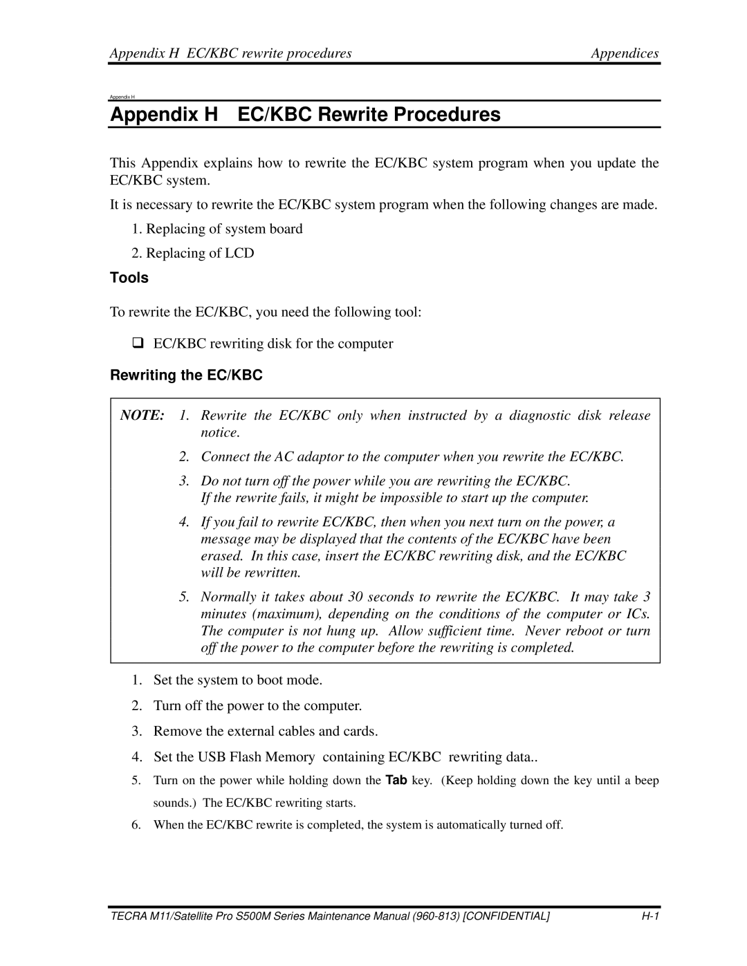 Toshiba S500M manual Appendix H EC/KBC rewrite procedures Appendices, Rewriting the EC/KBC 