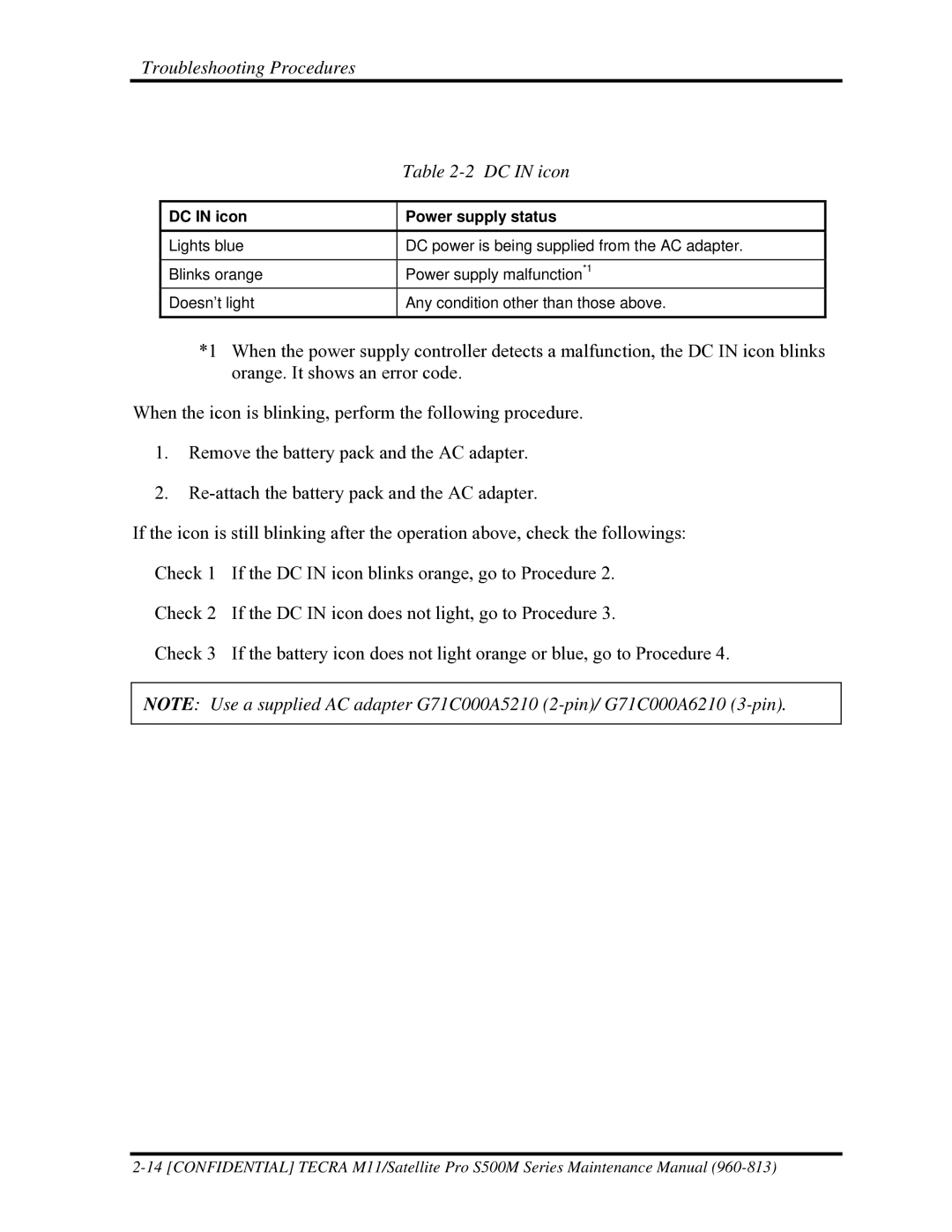 Toshiba S500M manual Troubleshooting Procedures DC in icon, DC in icon Power supply status 