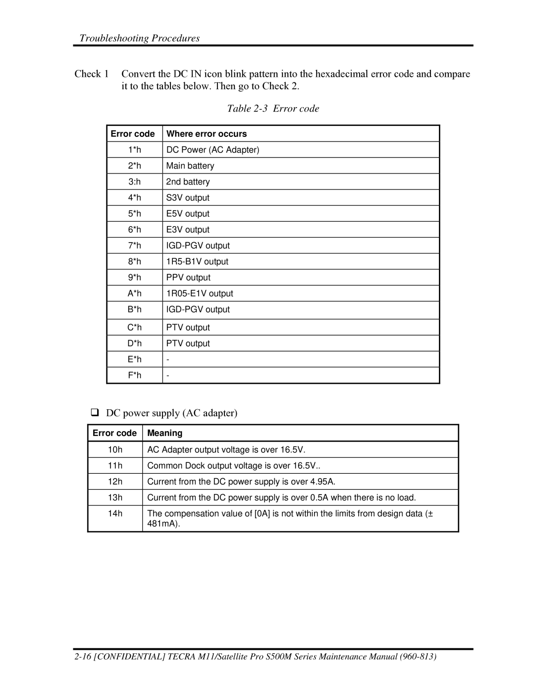 Toshiba S500M manual Error code Where error occurs, Error code Meaning 