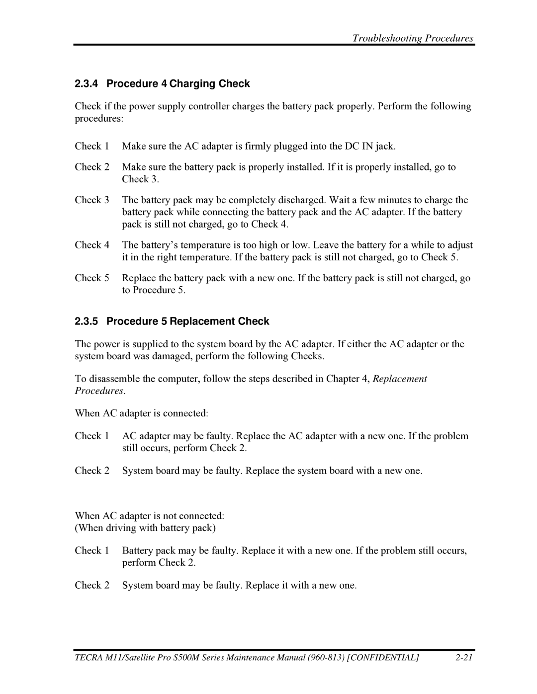 Toshiba S500M manual Procedure 4 Charging Check, Procedure 5 Replacement Check 