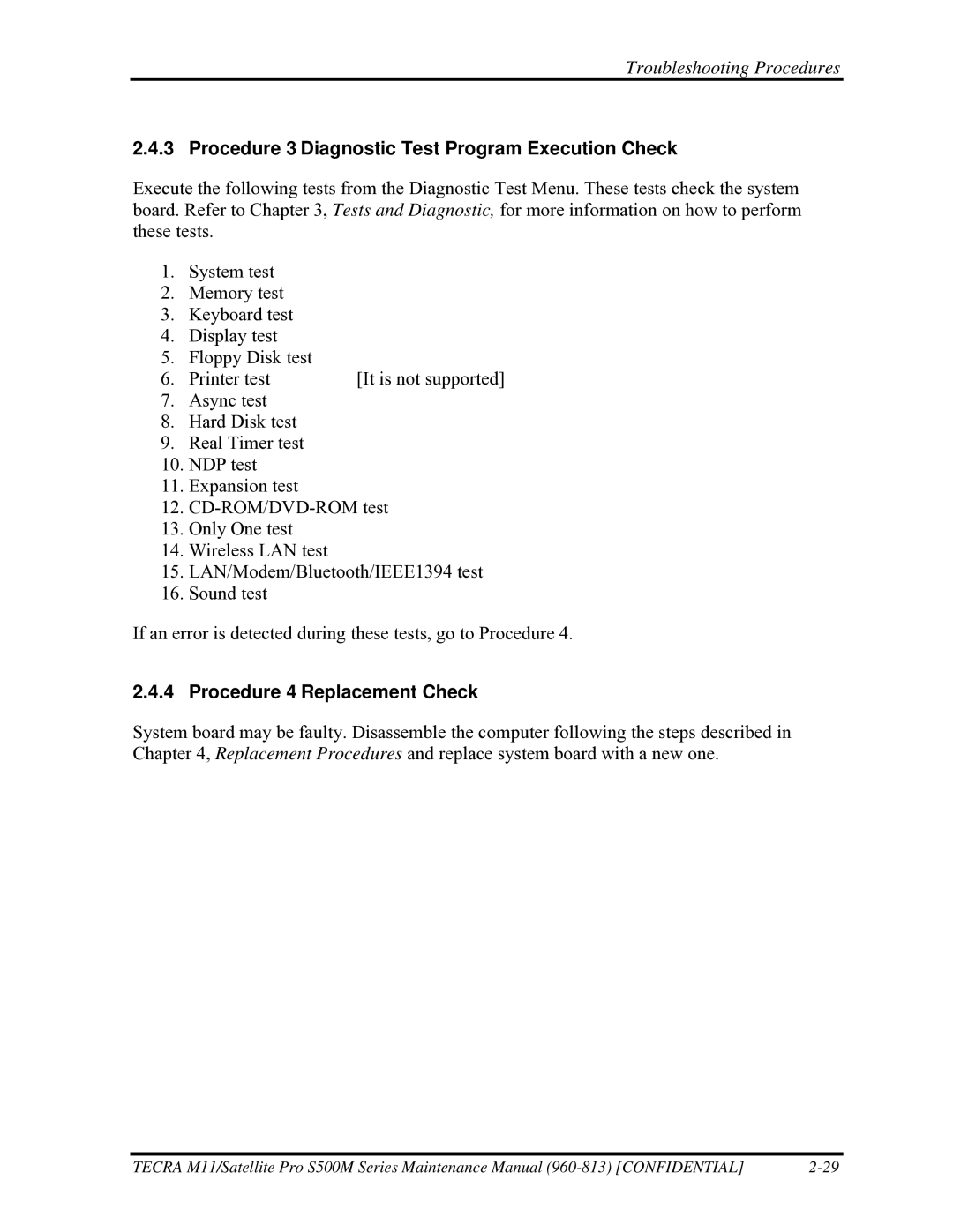 Toshiba S500M manual Procedure 3 Diagnostic Test Program Execution Check, Procedure 4 Replacement Check 