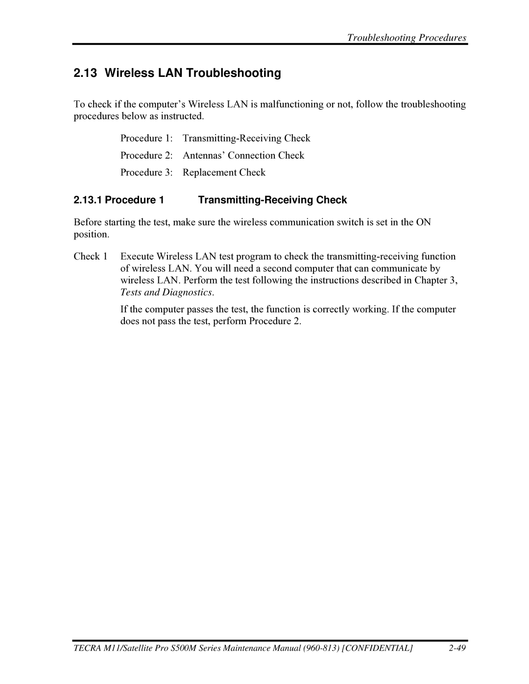 Toshiba S500M manual Wireless LAN Troubleshooting, Procedure 1 Transmitting-Receiving Check 