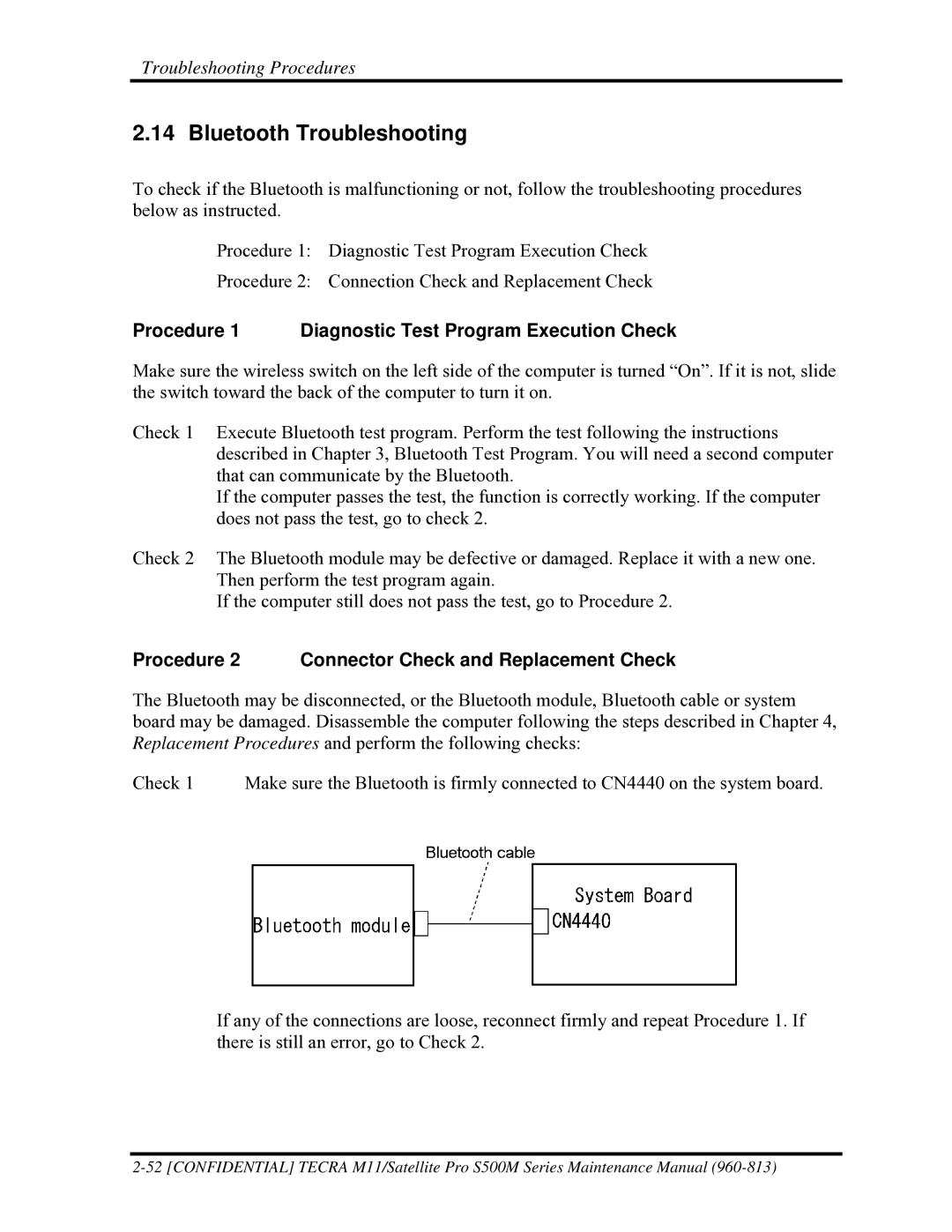 Toshiba S500M manual Bluetooth Troubleshooting, Procedure 1 Diagnostic Test Program Execution Check 