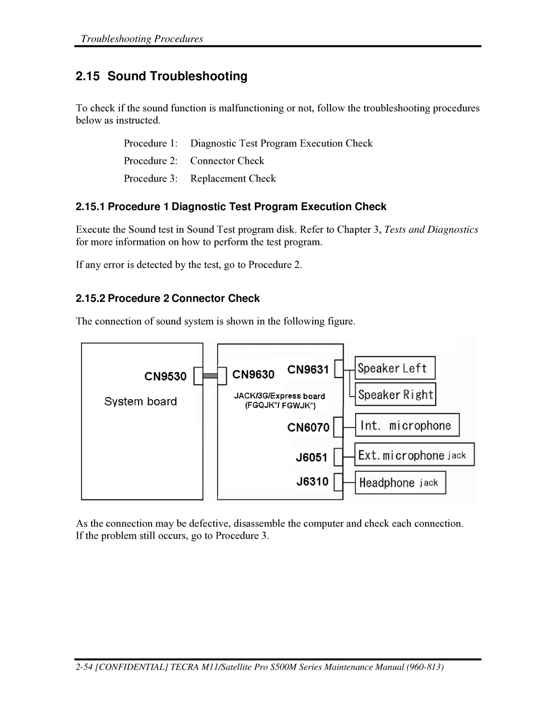 Toshiba S500M manual Sound Troubleshooting, Procedure 2 Connector Check 