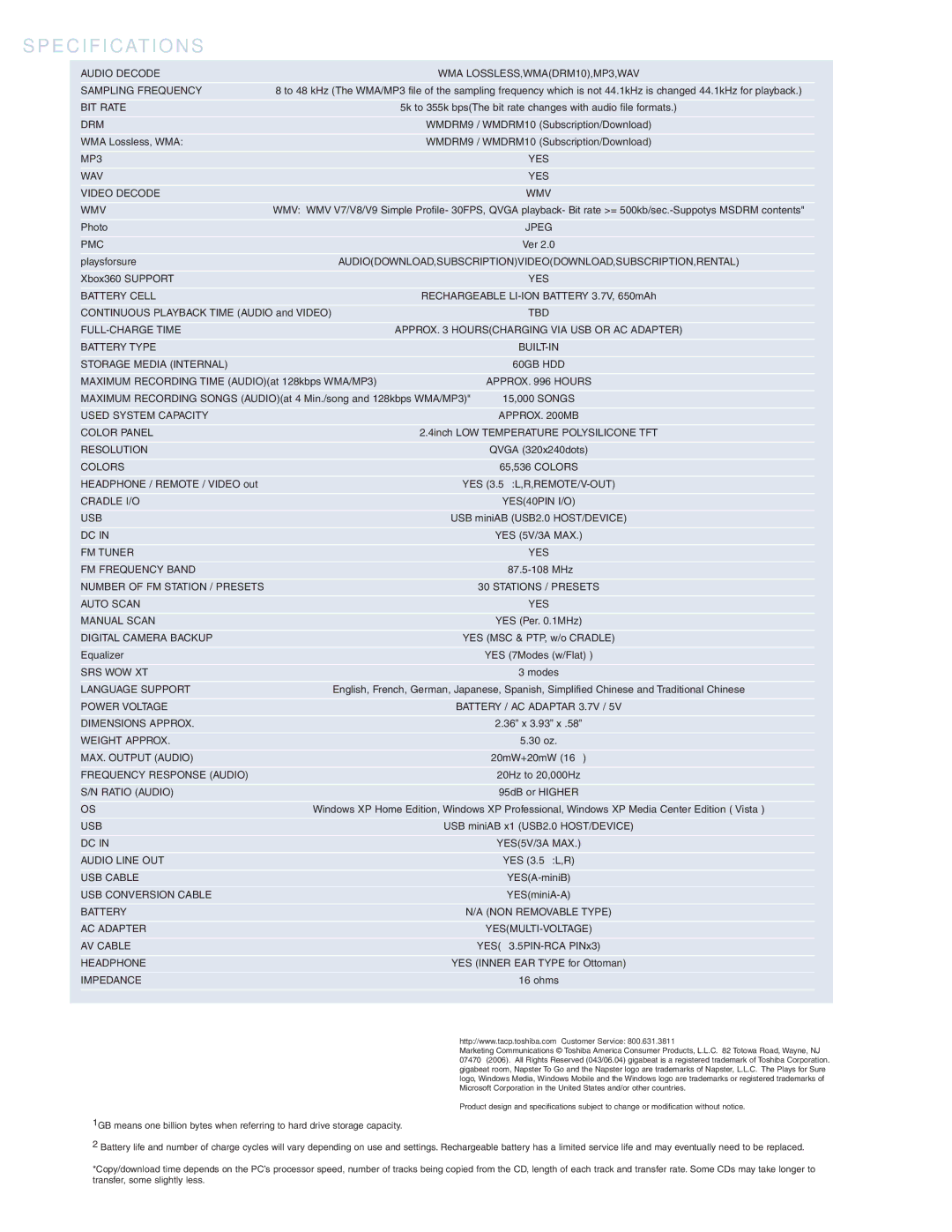 Toshiba S60 MES-G60 BIT Rate, Drm, MP3 YES WAV Video Decode WMV, Pmc, Battery Cell, Tbd, FULL-CHARGE Time, Battery Type 