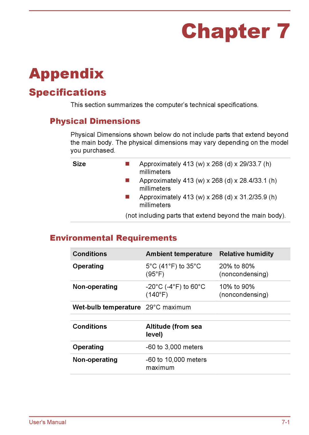 Toshiba S70-B, L70-B, C70-B user manual Specifications, Physical Dimensions, Environmental Requirements 