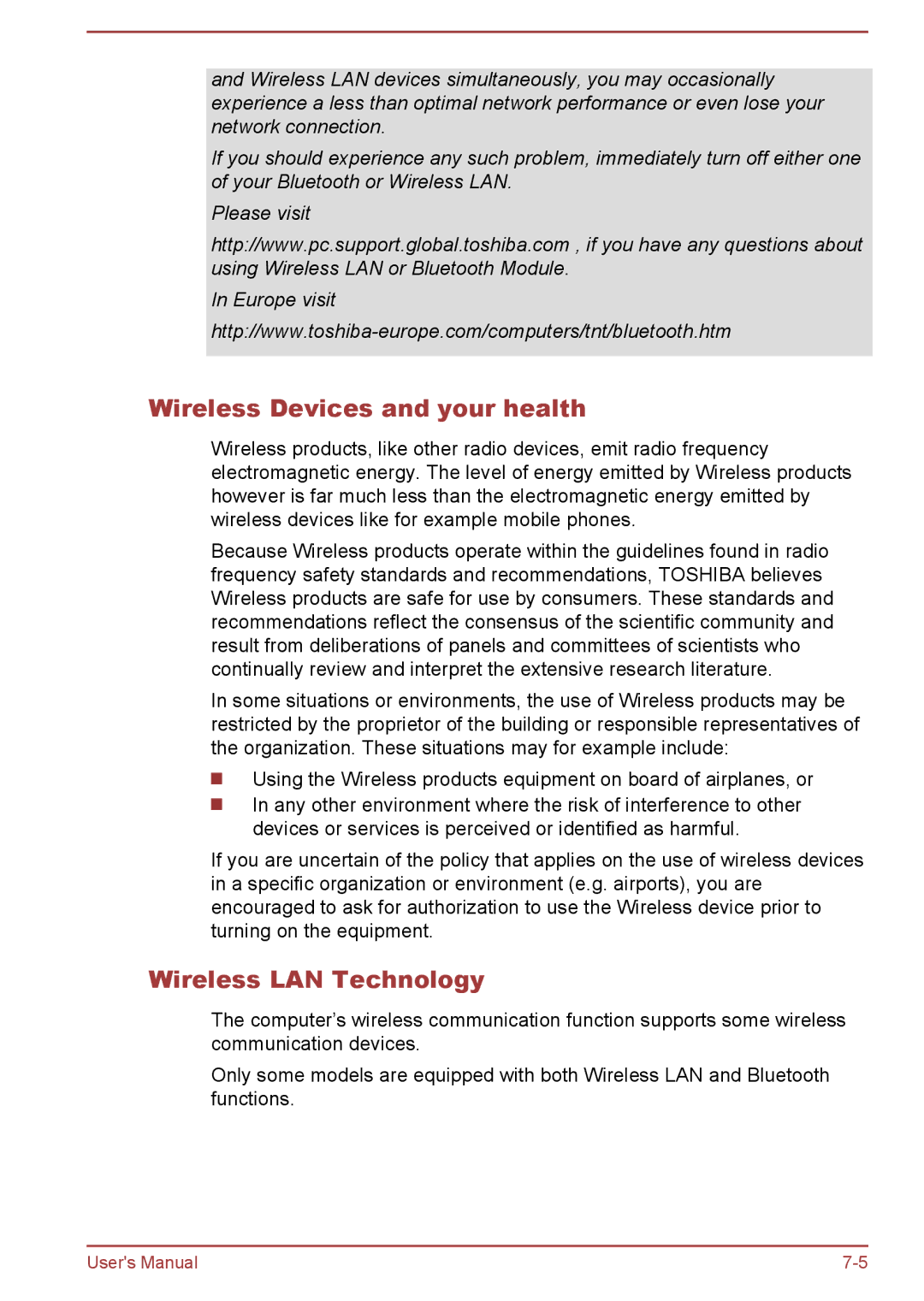 Toshiba L70-B, S70-B, C70-B user manual Wireless Devices and your health, Wireless LAN Technology 