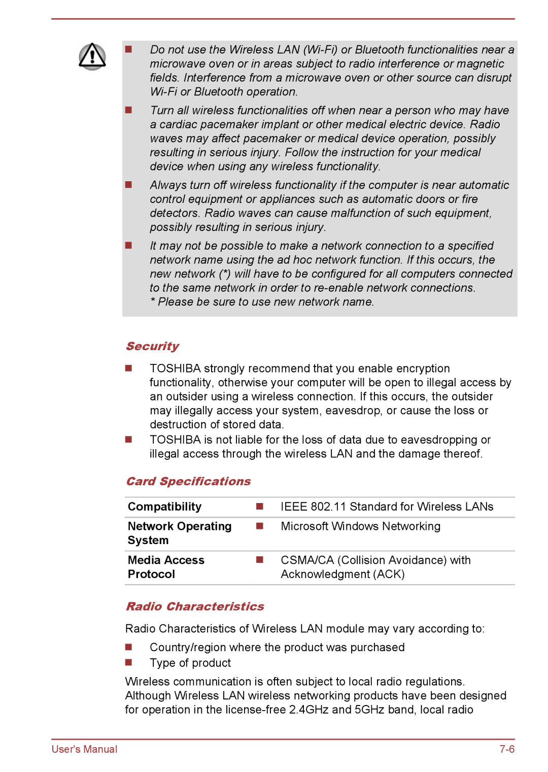 Toshiba C70-B, S70-B, L70-B user manual Security, Card Specifications, Radio Characteristics 