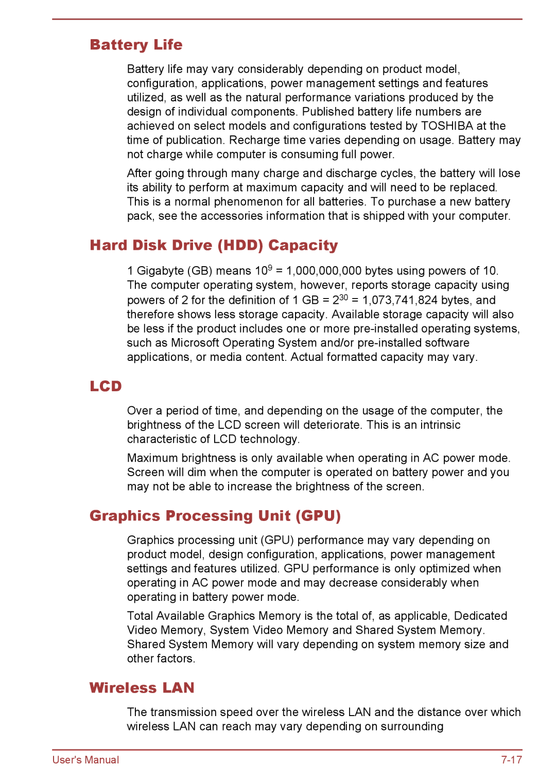 Toshiba L70-B, S70-B, C70-B user manual Battery Life, Hard Disk Drive HDD Capacity, Graphics Processing Unit GPU 