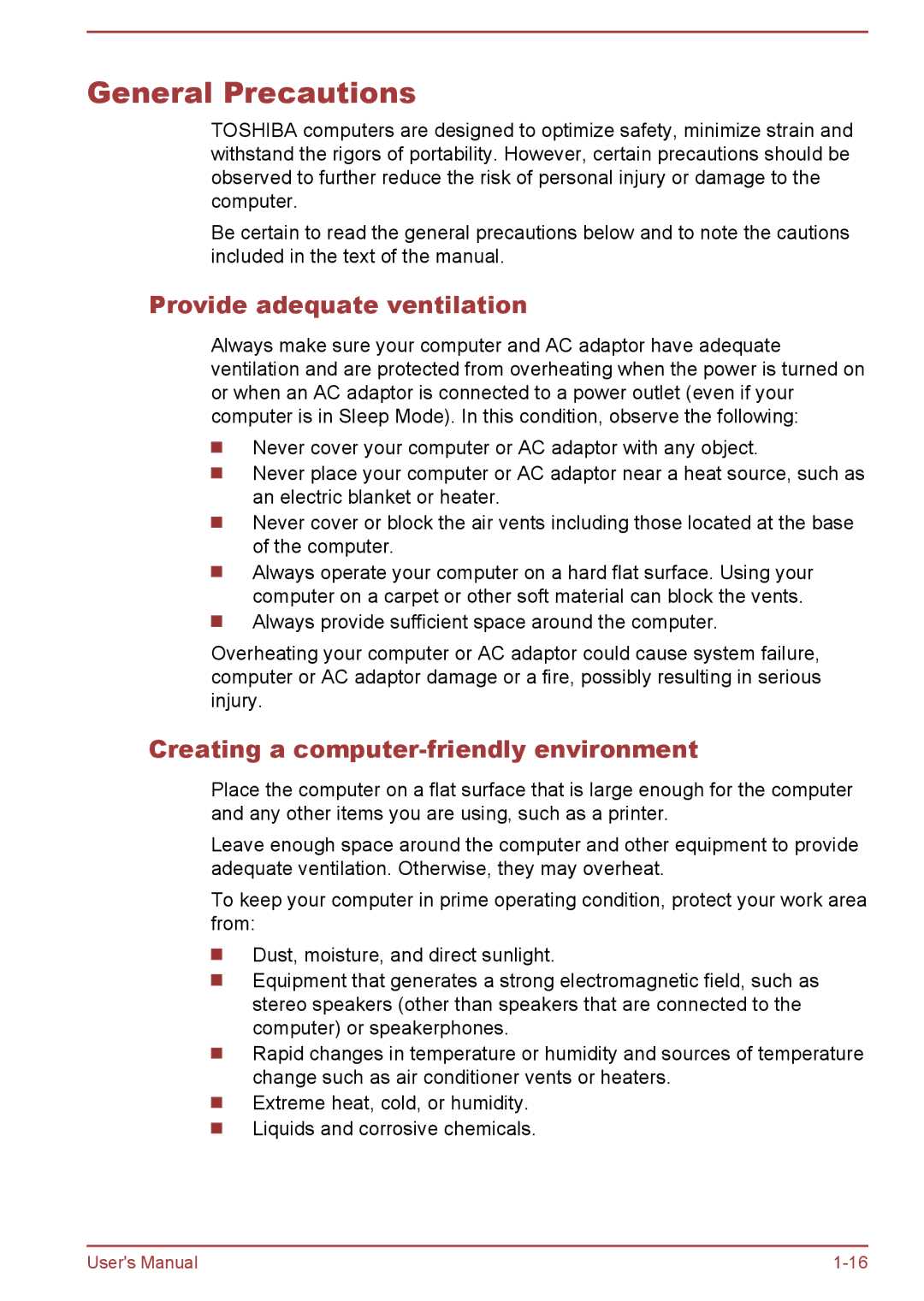 Toshiba L70-B, S70-B, C70-B General Precautions, Provide adequate ventilation, Creating a computer-friendly environment 