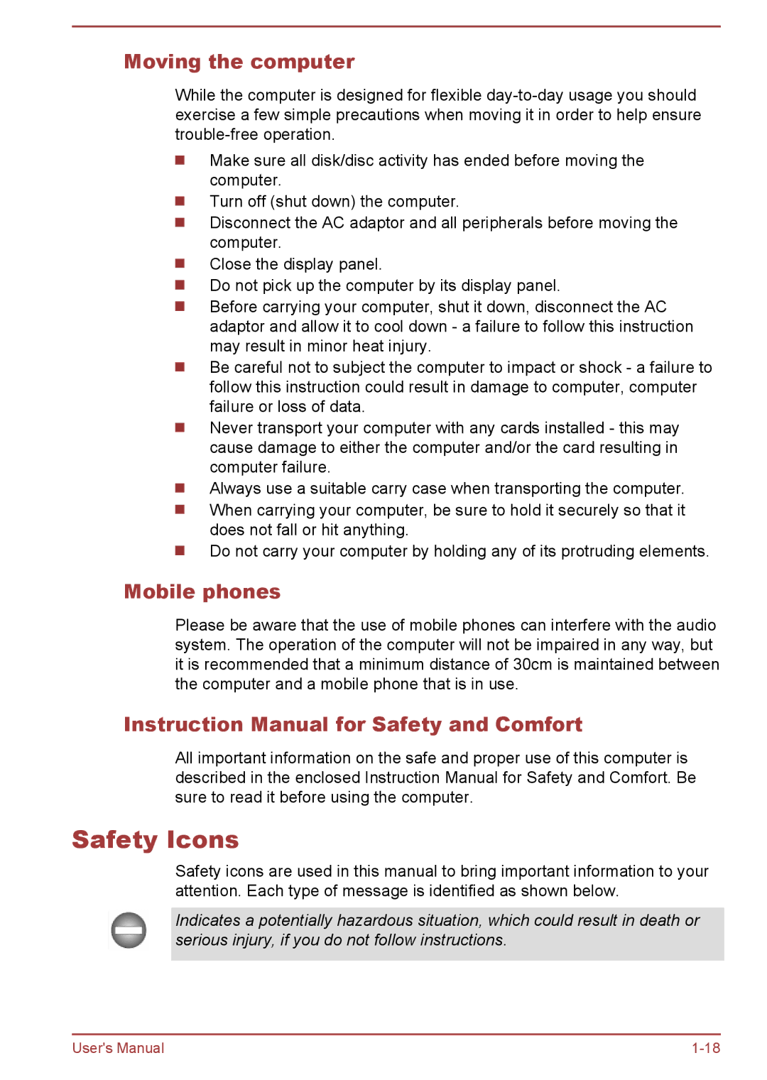 Toshiba S70-B, L70-B, C70-B user manual Safety Icons, Moving the computer, Mobile phones 