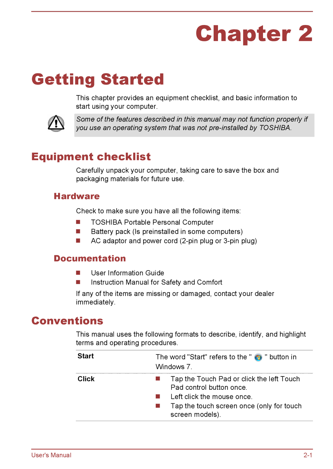 Toshiba C70-B, S70-B, L70-B user manual Equipment checklist, Conventions, Hardware, Documentation, Start Click 