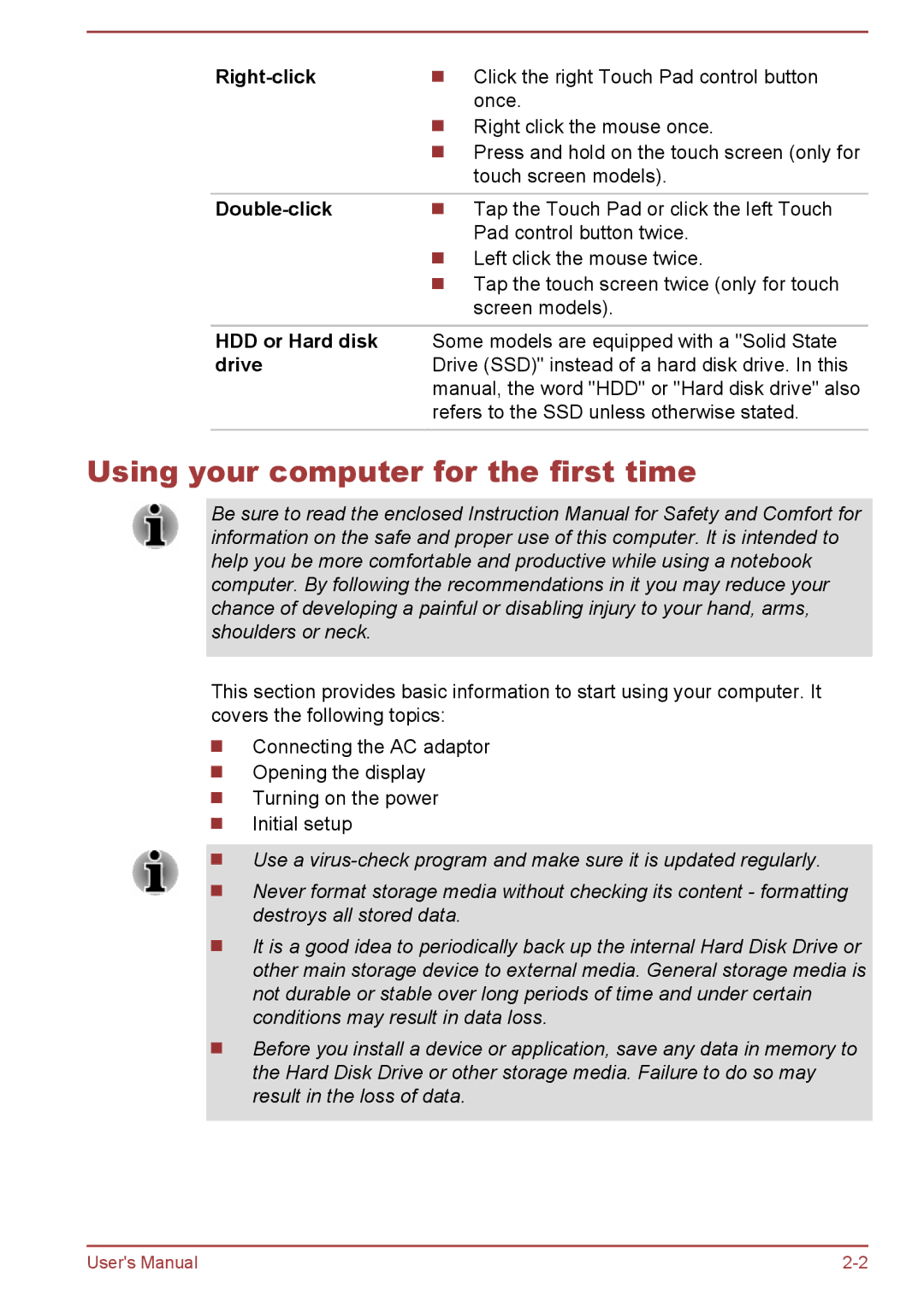 Toshiba S70-B, L70-B, C70-B Using your computer for the first time, Right-click, Double-click, HDD or Hard disk, Drive 