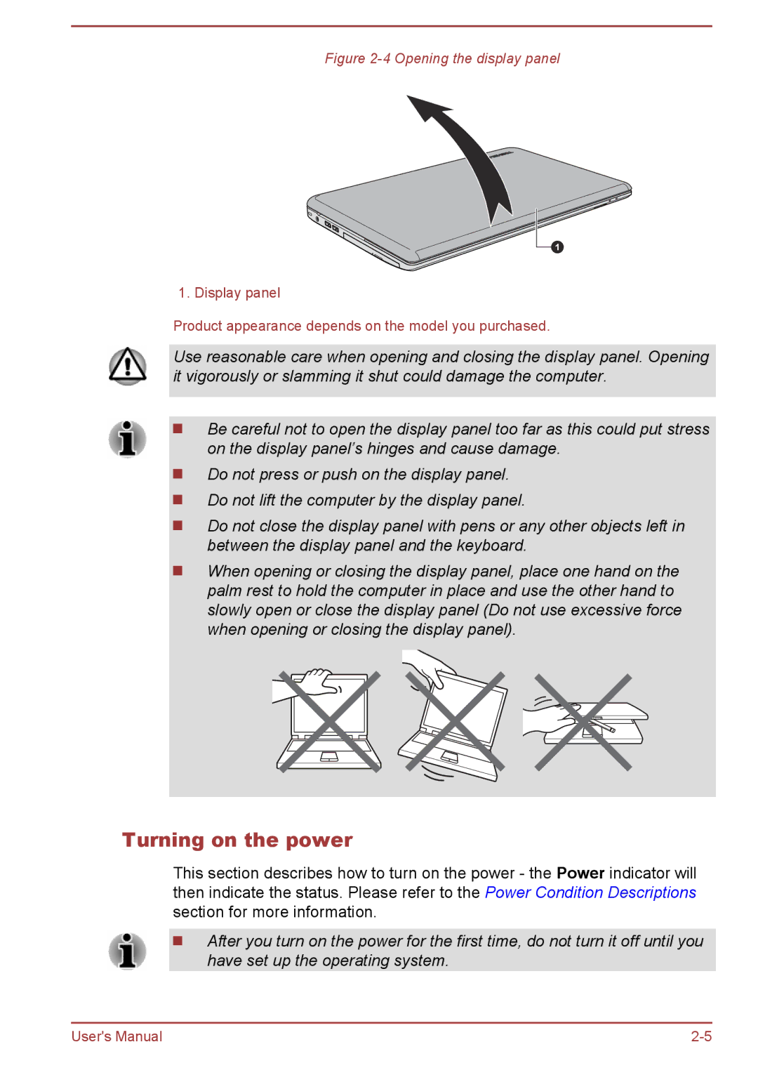 Toshiba S70-B, L70-B, C70-B user manual Turning on the power, Opening the display panel 