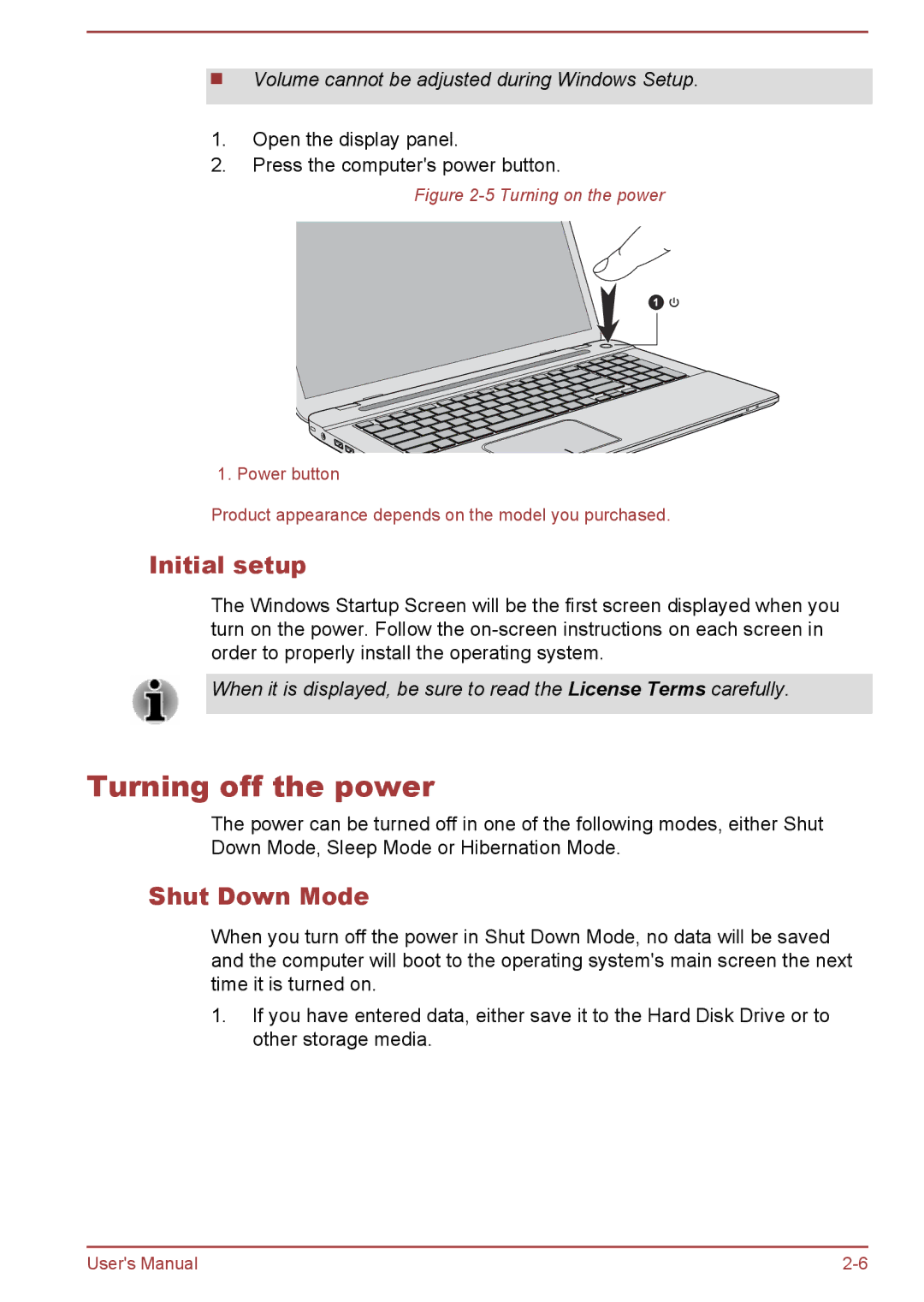 Toshiba L70-B, S70-B, C70-B user manual Turning off the power, Initial setup, Shut Down Mode 