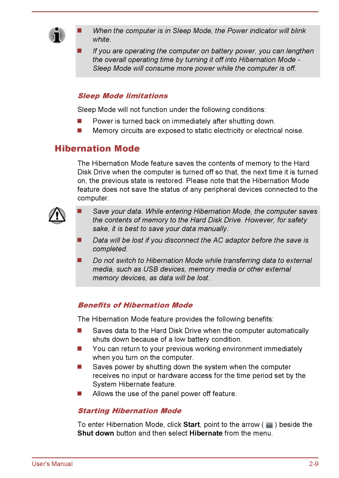 Toshiba L70-B, S70-B, C70-B user manual Sleep Mode limitations, Benefits of Hibernation Mode, Starting Hibernation Mode 