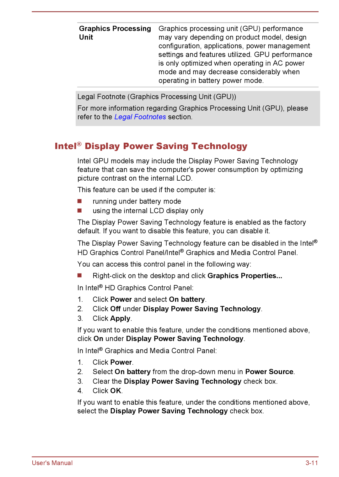 Toshiba L70-B, S70-B, C70-B Intel Display Power Saving Technology, Click Off under Display Power Saving Technology 