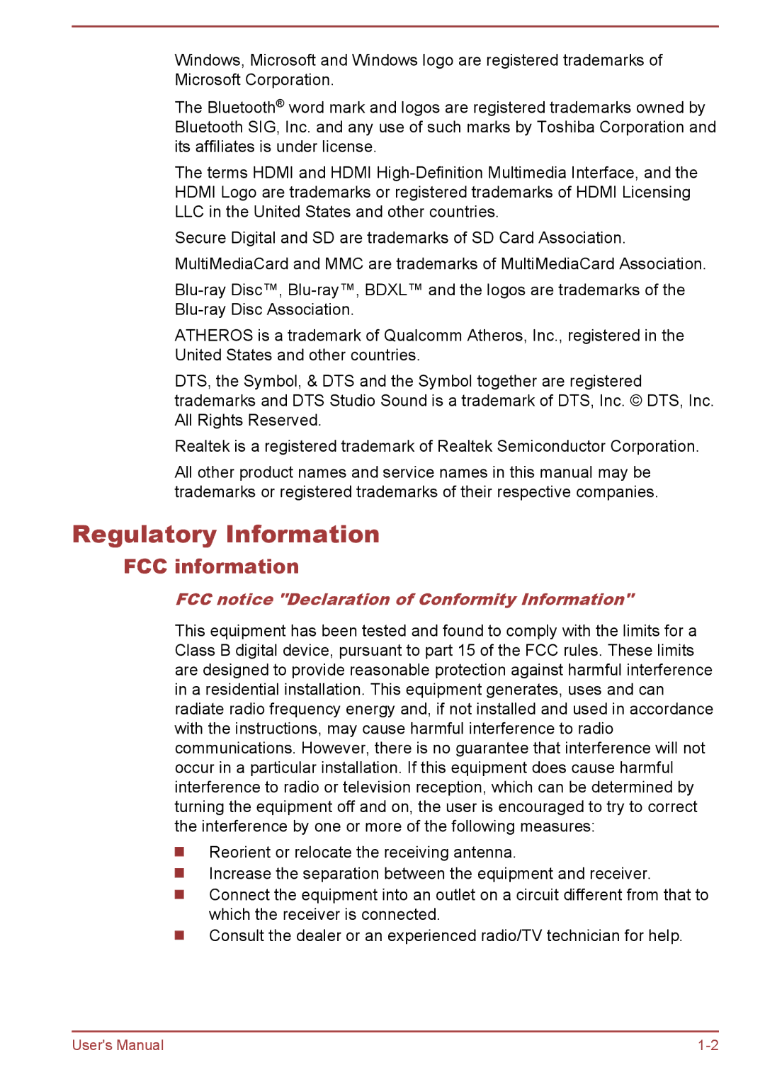 Toshiba C70-B, S70-B, L70-B Regulatory Information, FCC information, FCC notice Declaration of Conformity Information 