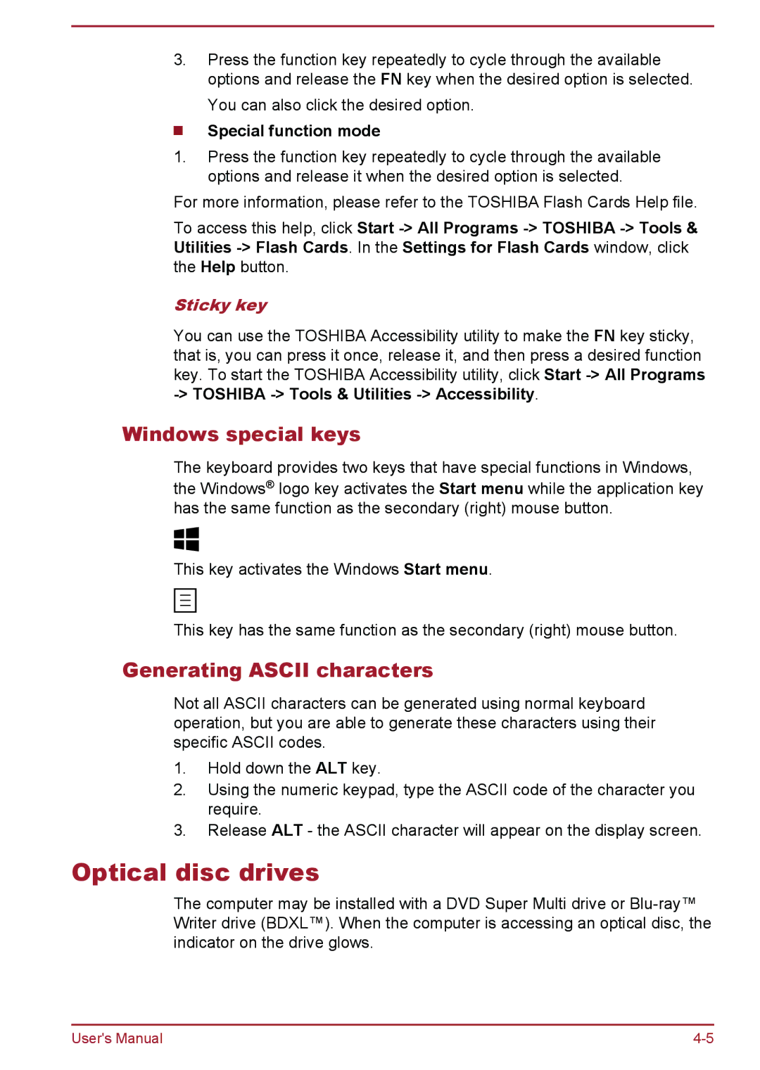 Toshiba S70-B, L70-B, C70-B user manual Optical disc drives, Windows special keys, Generating Ascii characters, Sticky key 