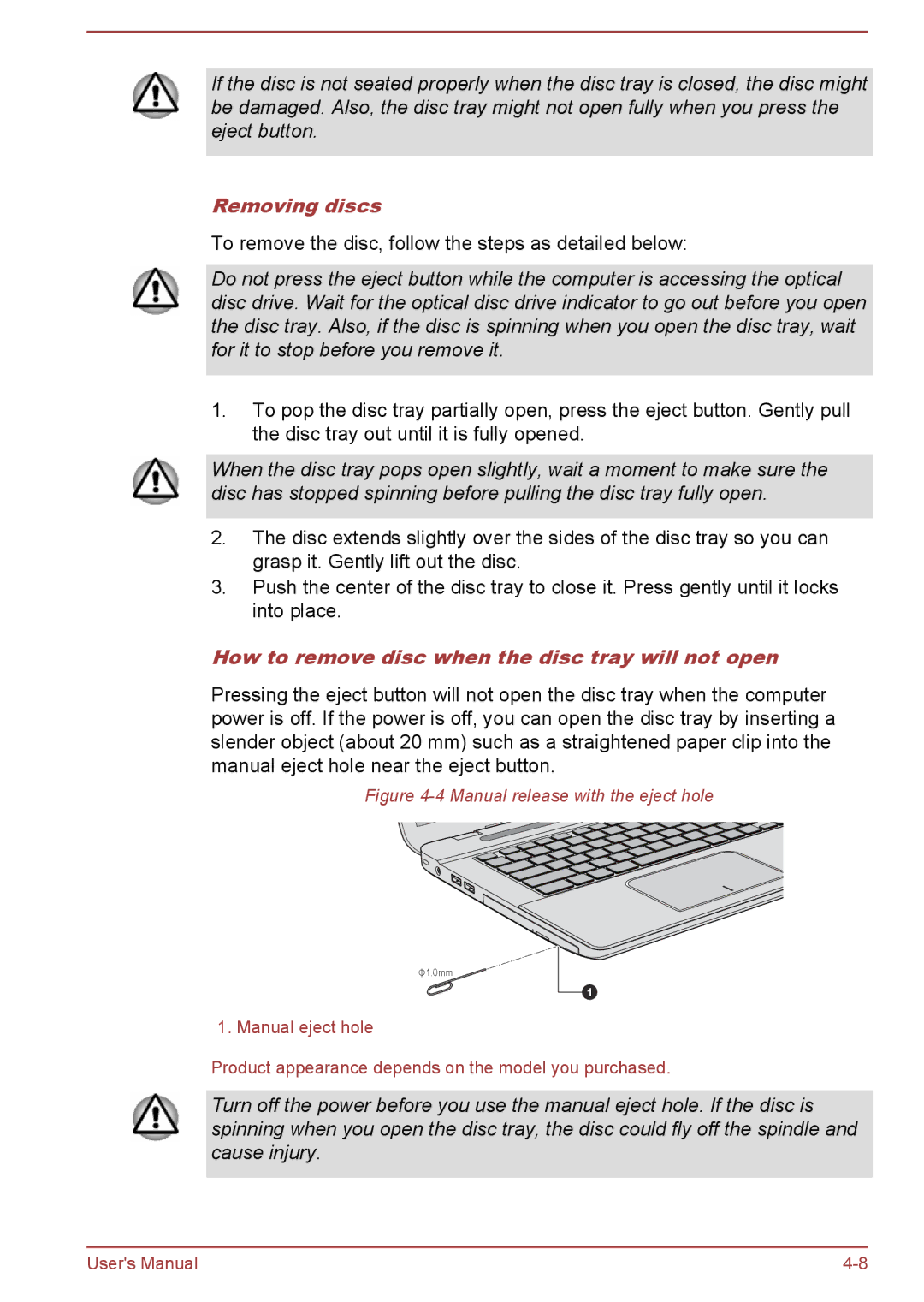 Toshiba S70-B, L70-B, C70-B user manual Removing discs, How to remove disc when the disc tray will not open 