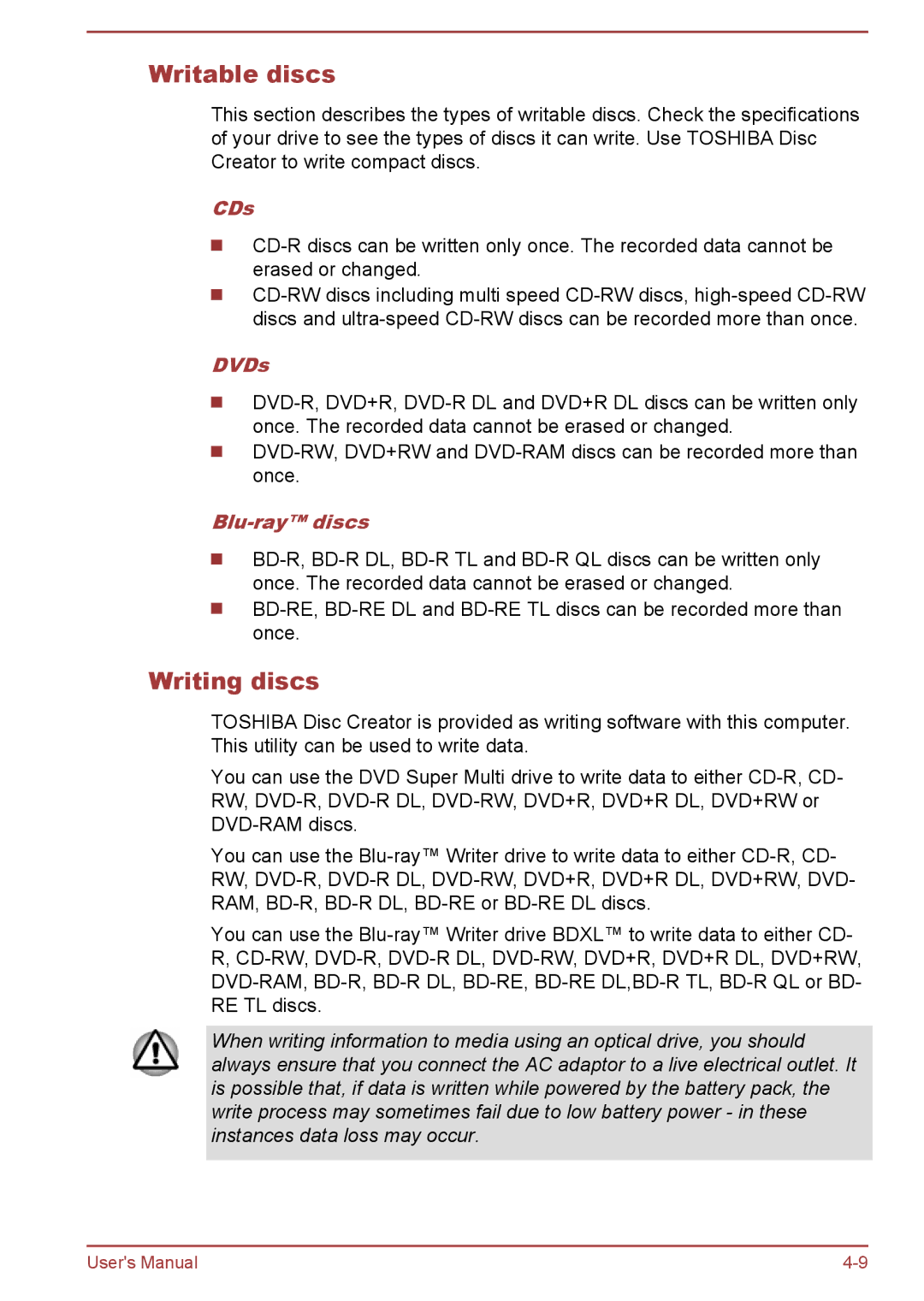 Toshiba L70-B, S70-B, C70-B user manual Writable discs, Writing discs, CDs, DVDs, Blu-ray discs 