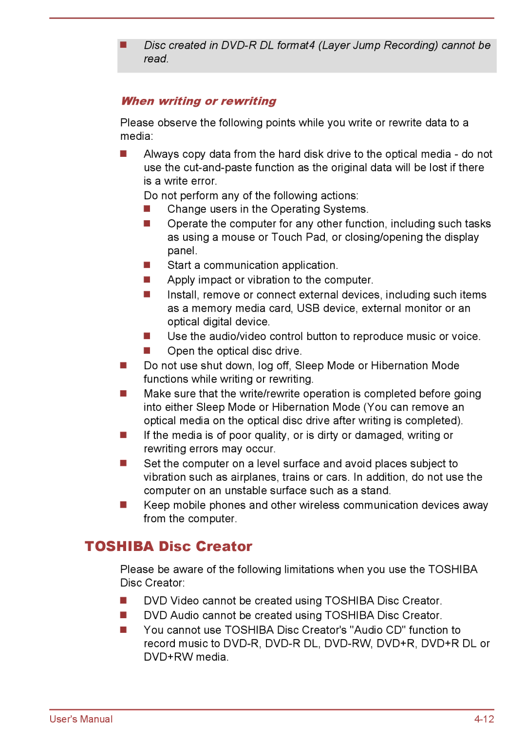 Toshiba L70-B, S70-B, C70-B user manual Toshiba Disc Creator, When writing or rewriting 