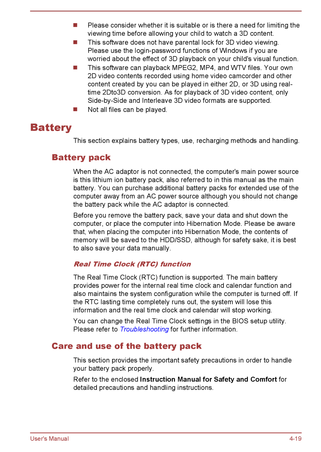 Toshiba C70-B, S70-B, L70-B user manual Battery pack, Care and use of the battery pack, Real Time Clock RTC function 