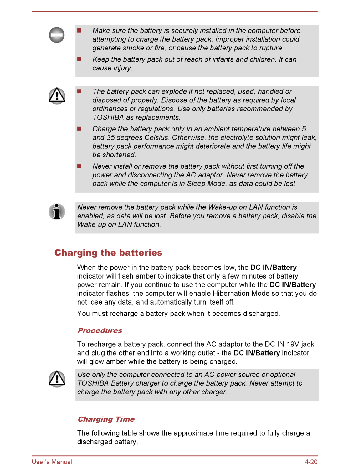 Toshiba S70-B, L70-B, C70-B user manual Charging the batteries, Procedures, Charging Time 