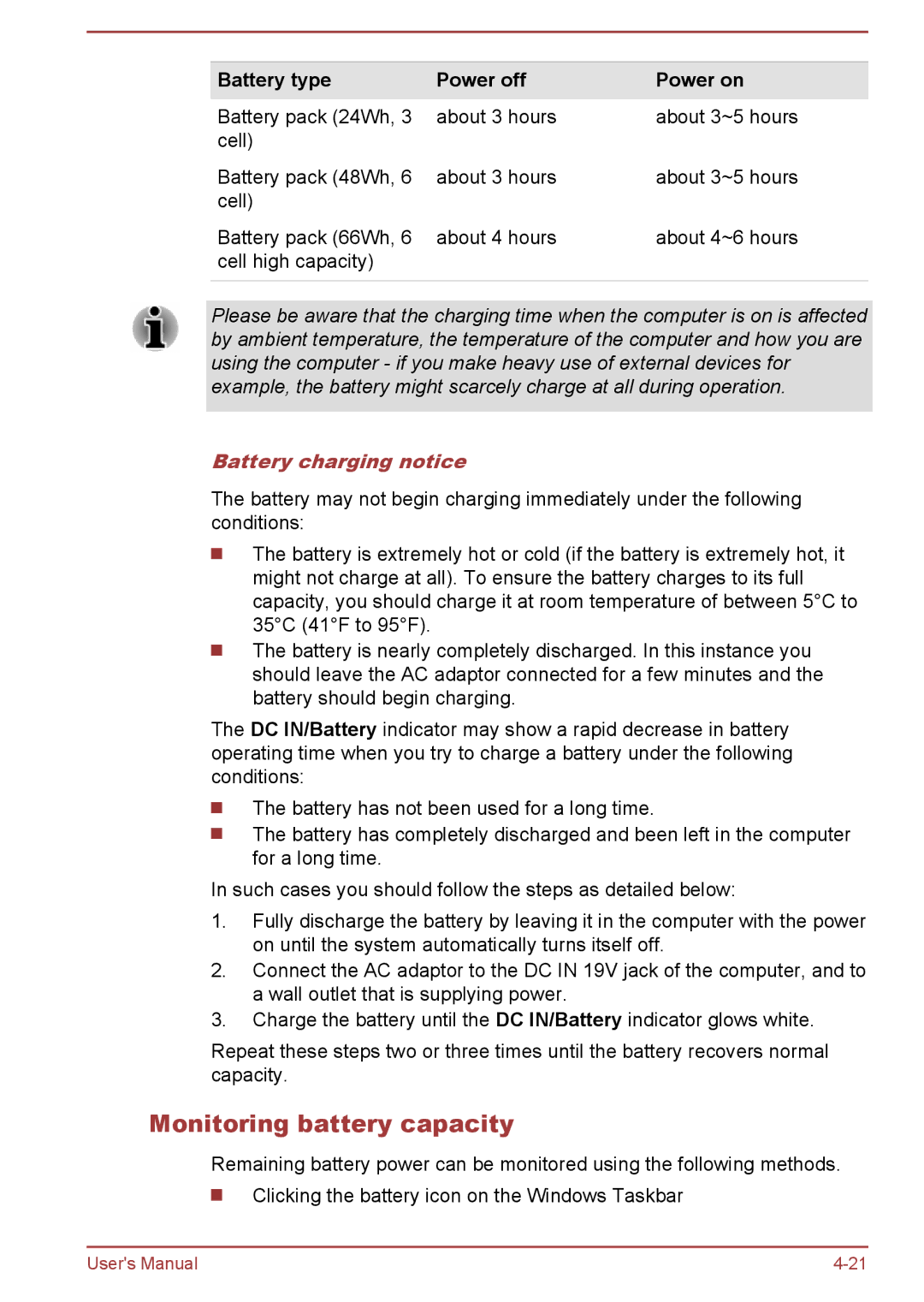 Toshiba L70-B, S70-B, C70-B user manual Monitoring battery capacity, Battery type Power off Power on, Battery charging notice 