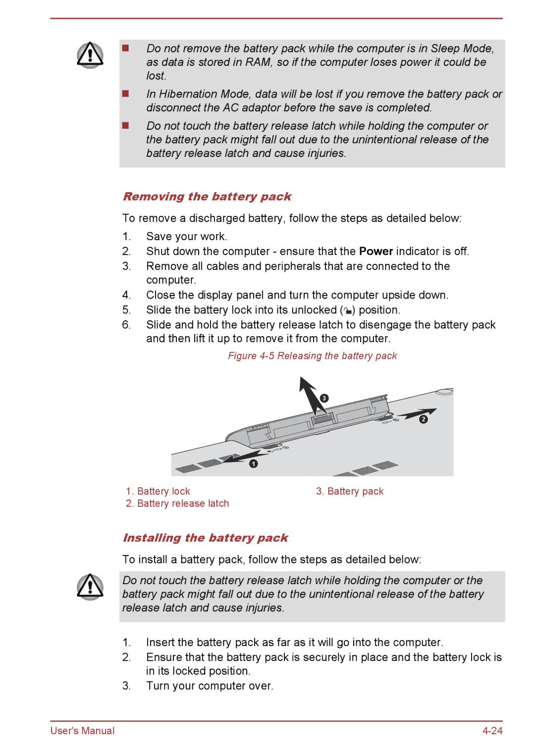 Toshiba L70-B, S70-B, C70-B user manual Removing the battery pack, Installing the battery pack 