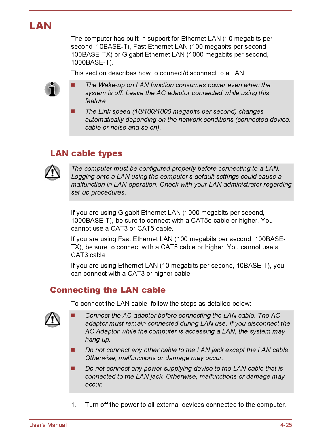 Toshiba C70-B, S70-B, L70-B user manual LAN cable types, Connecting the LAN cable 