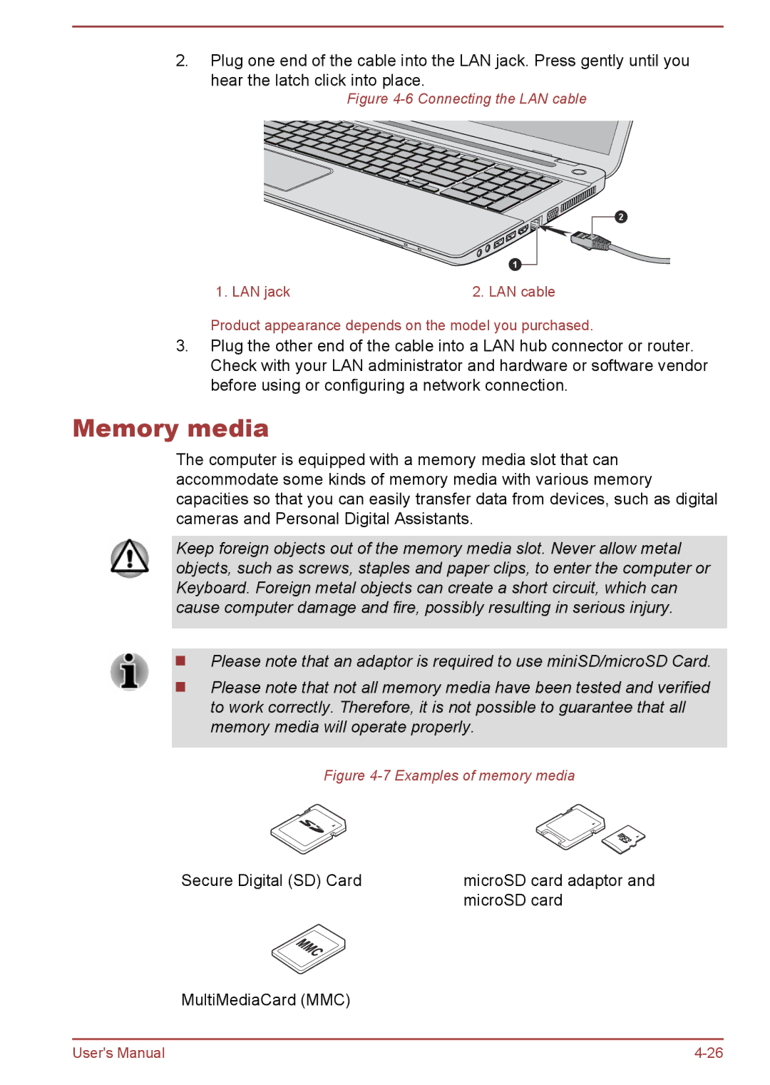 Toshiba S70-B, L70-B, C70-B user manual Memory media, Connecting the LAN cable 