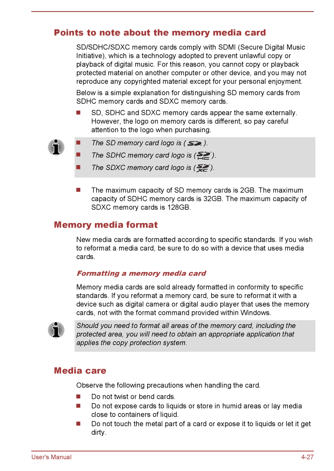 Toshiba L70-B Points to note about the memory media card, Memory media format, Media care, Formatting a memory media card 