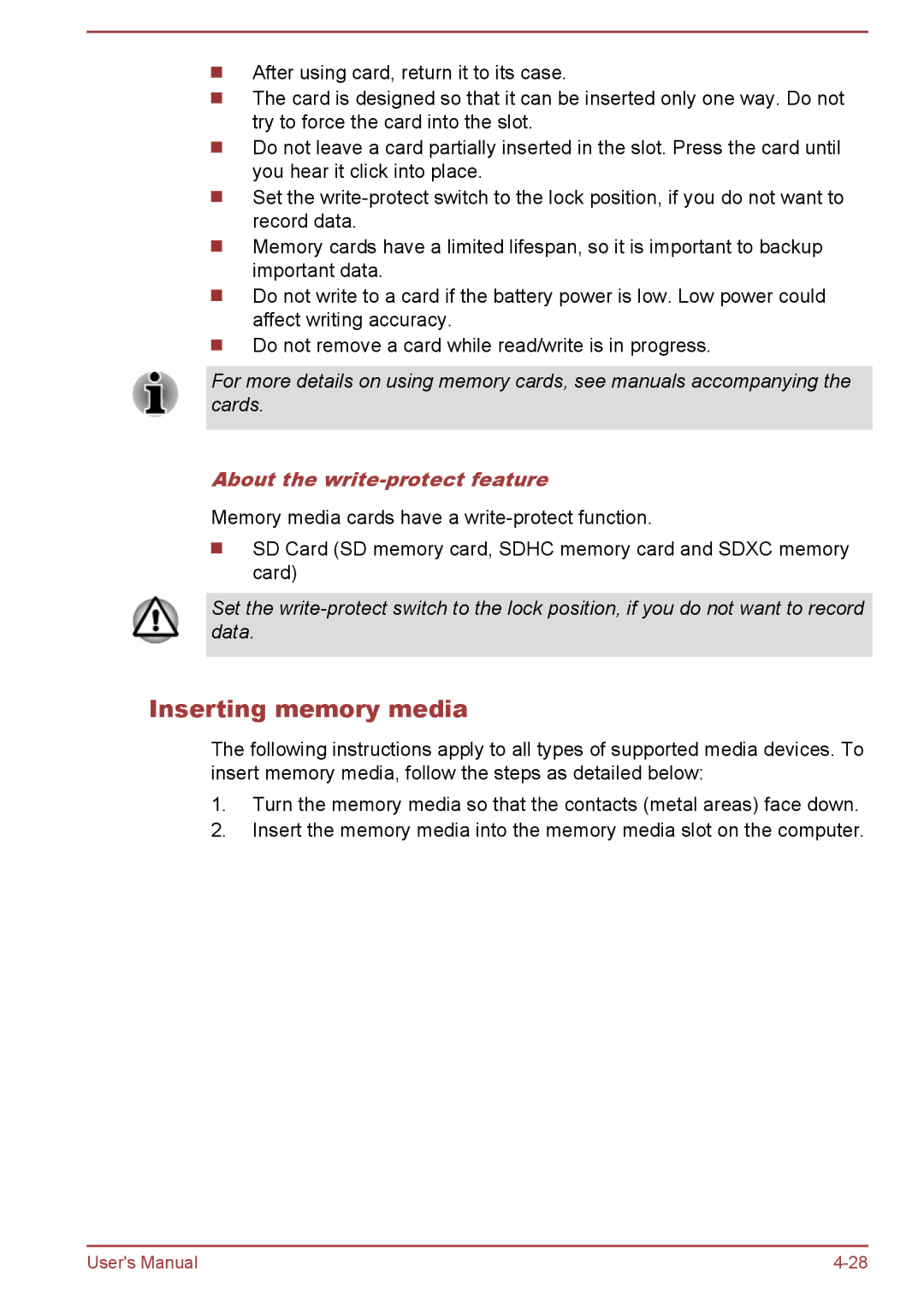 Toshiba C70-B, S70-B, L70-B user manual Inserting memory media, About the write-protect feature 