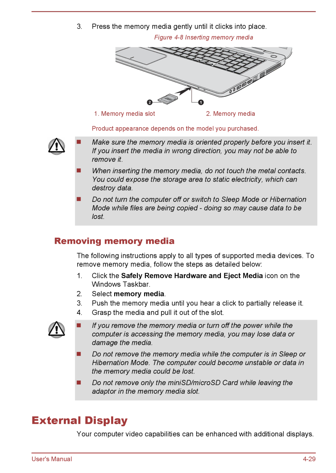 Toshiba S70-B, L70-B, C70-B user manual External Display, Removing memory media 