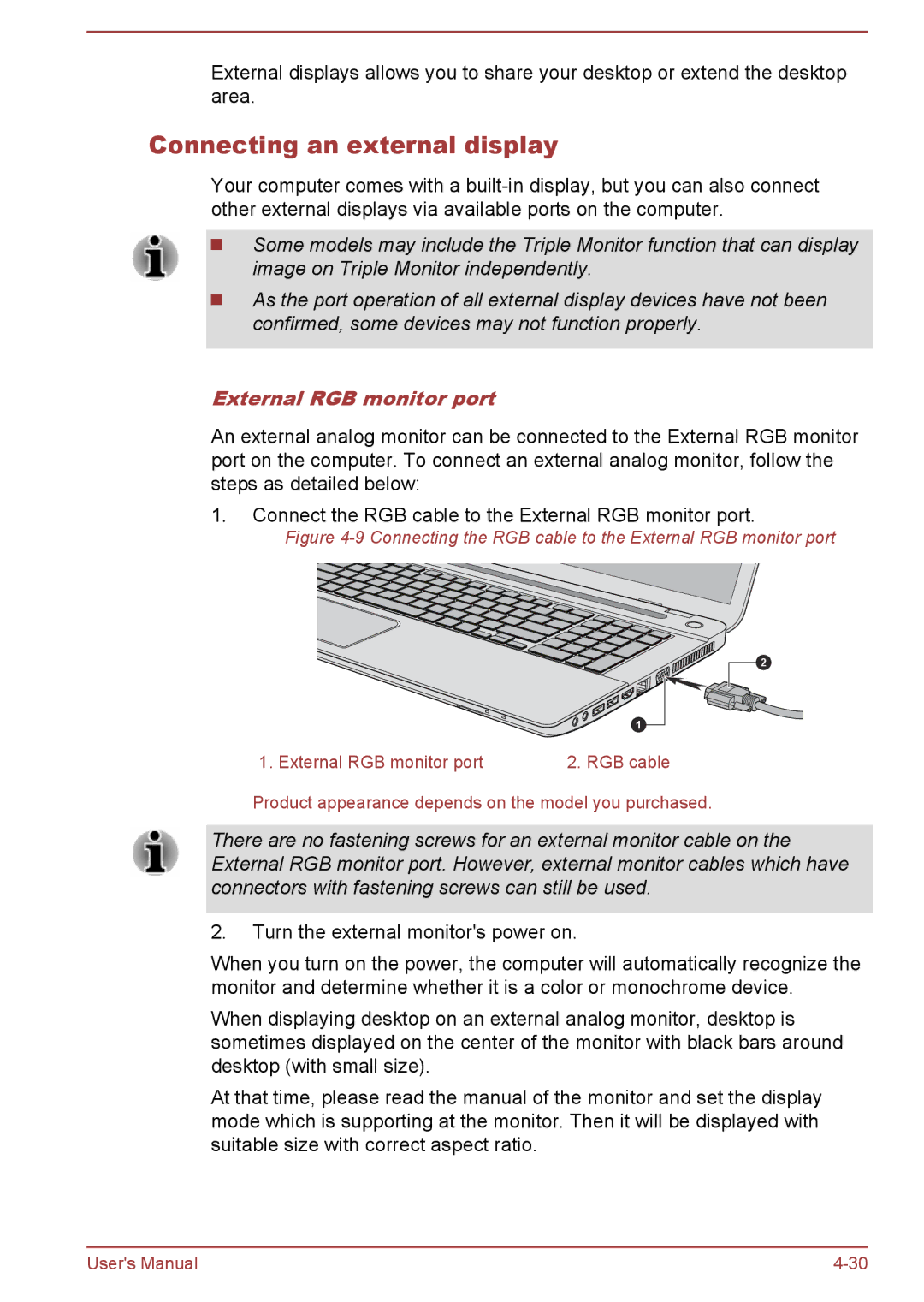 Toshiba L70-B, S70-B, C70-B user manual Connecting an external display, External RGB monitor port 