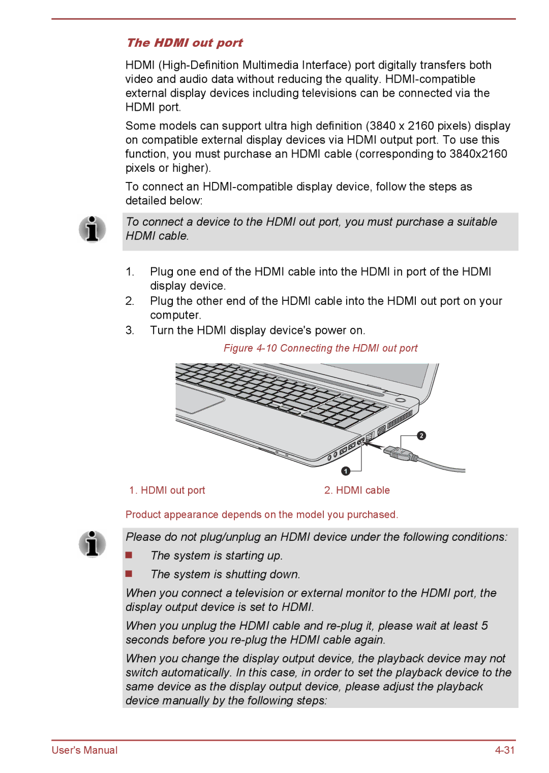 Toshiba C70-B, S70-B, L70-B user manual Connecting the Hdmi out port 