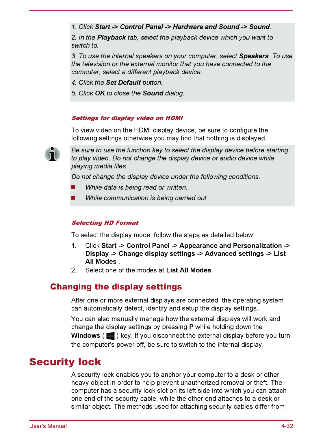 Toshiba S70-B, L70-B, C70-B user manual Security lock, Changing the display settings 