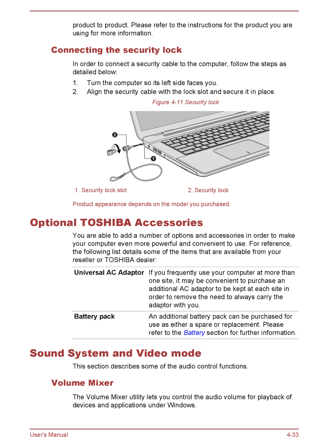 Toshiba L70-B, S70-B Optional Toshiba Accessories, Sound System and Video mode, Connecting the security lock, Volume Mixer 