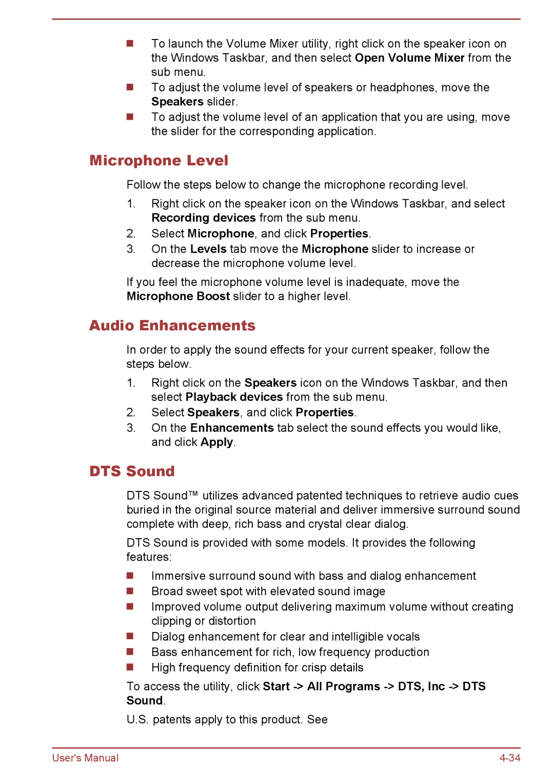 Toshiba C70-B, S70-B, L70-B user manual Microphone Level, Audio Enhancements, DTS Sound 